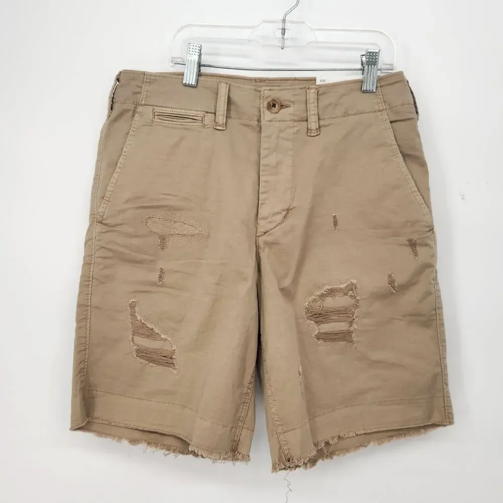 NWT American Eagle Flex Tan Khaki Lived in Raw Hem Distressed Shorts Men's 28